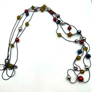Loft Beaded Necklace Multi strand Long Black Silver Blue Round Balls Retro